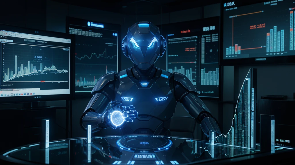 An illustration of a futuristic robot-shaped artificial intelligence analyzing a stock market chart on a large screen. The robot has glowing blue eyes, with hands connected to a touch screen, tracing complex data. The background is a modern office with large windows overlooking a metropolitan city at night, with city lights reflecting off the glass