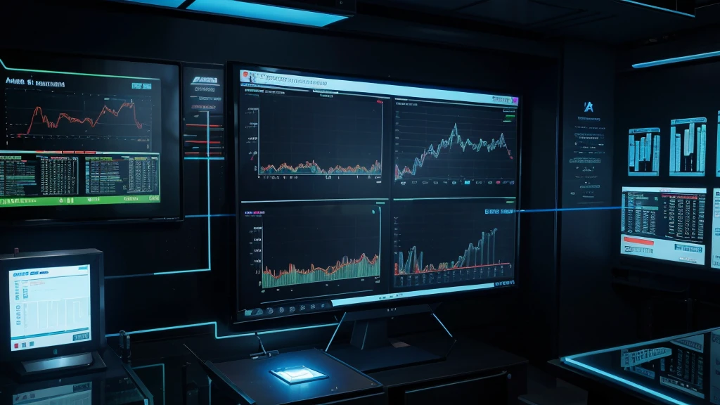 An illustration of a futuristic robot-shaped artificial intelligence analyzing a stock market chart on a large screen. The robot has glowing blue eyes, with hands connected to a touch screen, tracing complex data. The background is a modern office with large windows overlooking a metropolitan city at night, with city lights reflecting off the glass