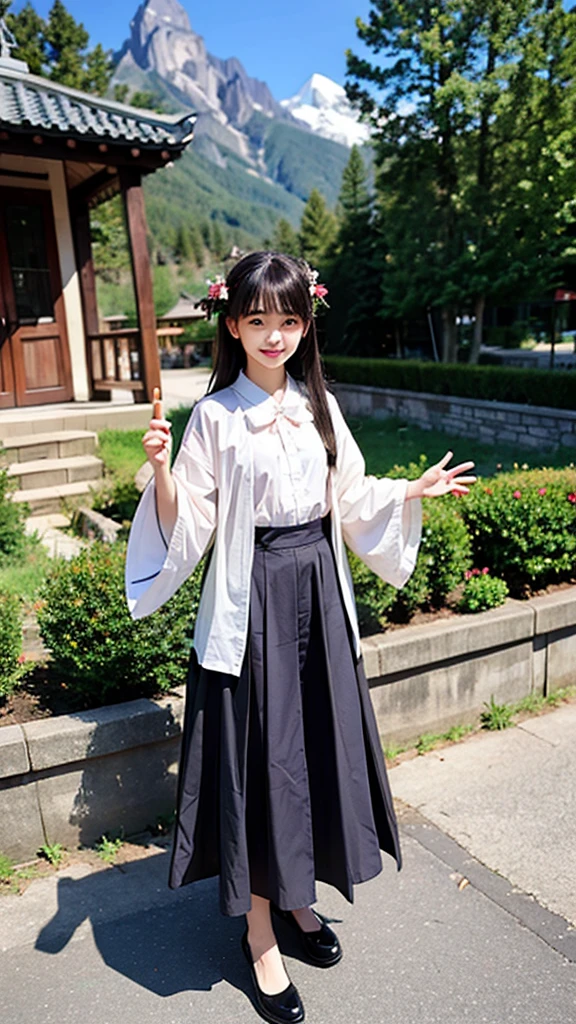 A man cultivating immortality,The background is the fairy-like mountains。Half-length photo,And a cute little girl