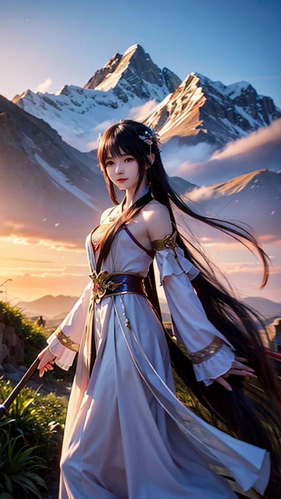 A man cultivating immortality,The background is the fairy-like mountains。Half-length photo,And a cute little girl