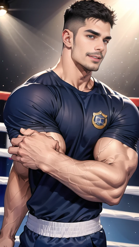 (handsome Man),(Thin mustache:1.1),(crew cut short hair:1.5),black eye,
(navy blue tight-fitting round neck short sleeve T-shirt:1.3),(Police badge:1.3),navy blue cargo pants,(navy_gloves:1,3),(navy_backpack:1.3),(sunglasses:1.3),
Korean guy,chest muscles,large arm muscles,blood vessel,Big muscles,Broad shoulders,(open mouth:1.2),(face up:1.2),(open eyes:1.5),middle of the road,smile,(boxing ring:1.4),