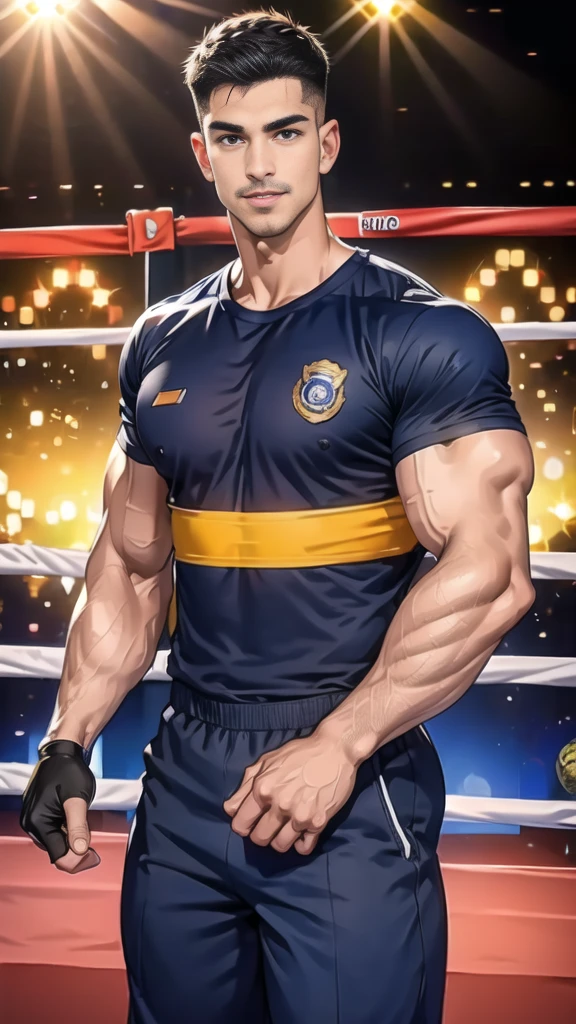 (handsome Man),(Thin mustache:1.1),(crew cut short hair:1.5),black eye,
(navy blue tight-fitting round neck short sleeve T-shirt:1.3),(Police badge:1.3),navy blue cargo pants,(navy_gloves:1,3),(navy_backpack:1.3),(sunglasses:1.3),
Korean guy,chest muscles,large arm muscles,blood vessel,Big muscles,Broad shoulders,(open mouth:1.2),(face up:1.2),(open eyes:1.5),middle of the road,smile,(boxing ring:1.4),