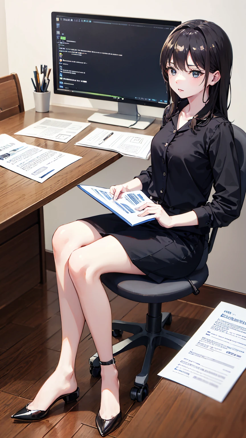 8K quality、High resolution、High resolutionの肌、Thin legs、Full Body Shot、Sitting at a desk looking at documents