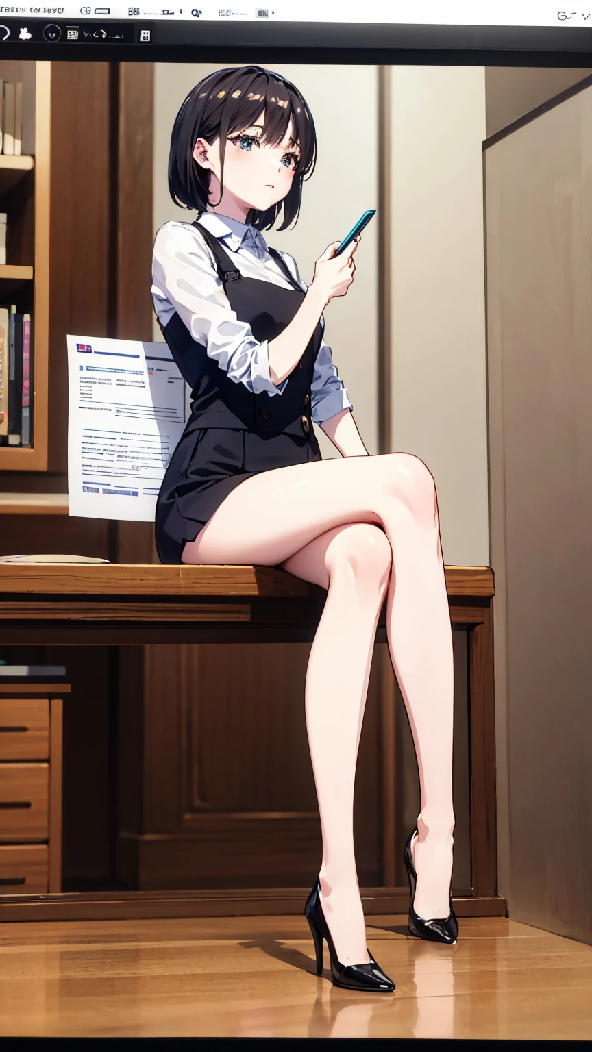 8K quality、High resolution、High resolutionの肌、Thin legs、Full Body Shot、Sitting at a desk looking at documents