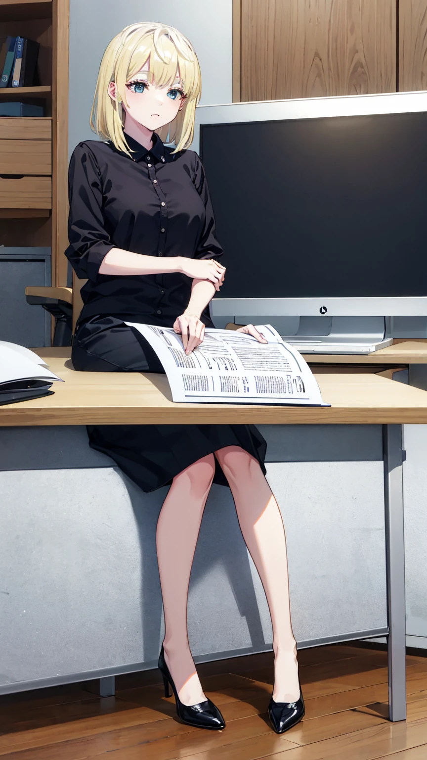 8K quality、High resolution、High resolutionの肌、Thin legs、Full Body Shot、Sitting at a desk looking at documents