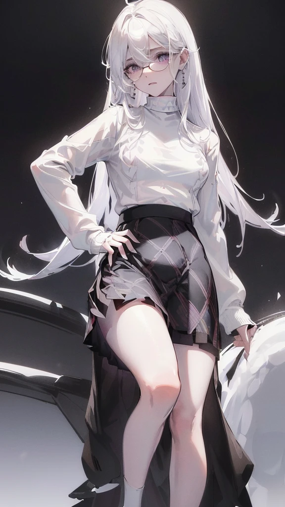 Photograph of the upper body of a beautiful woman, , [see through](white shirt:1.47),(Black plaid knee-length skirt:1.47),(Black sweater:1.47) big breasts, (small waist, perfect body), earring, Sharp focus, (tall body, mature woman), ((Looking ahead)), (Highly detailed skin, hair follicles:1.4,white skin) (long white hair,purple eyes) wear glasses, Looks embarrassed.