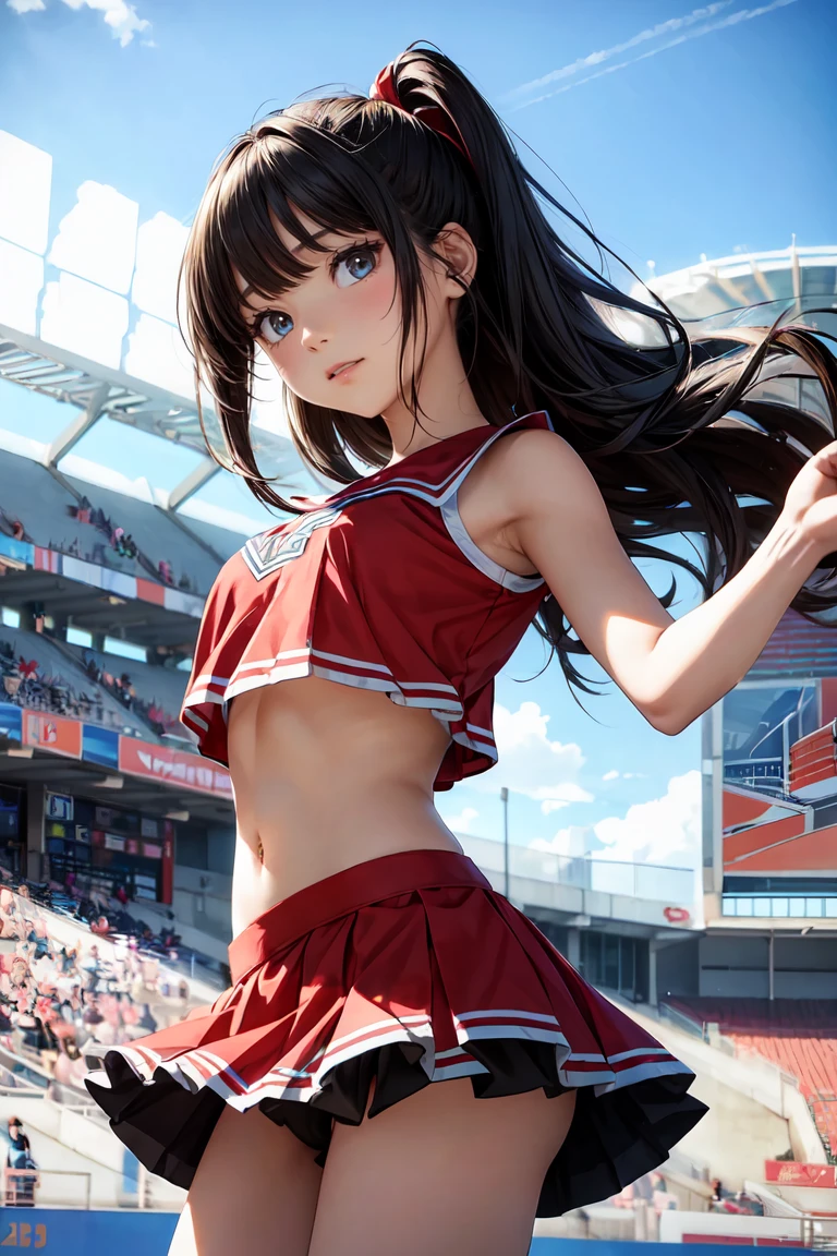 (ultra detailed eyes), (ultra detailed face),high quality, best image quality, masterpiece, age girl, 18 years old, very cute and beautiful cheerleader girl is dancing, dynamic pose, soft wavy hair, black hair, (smile:1.2), medium breast, (red tops with logo:1.3), (miniskirt:1.3), (panties), Armpits, Navel, thighs, Bare shoulders, Bare arms, Natural lighting, Hair fluttering in the wind, Beautiful detailed sky, stadium, ((Finest quality)), ultra high resolution, ultra-detailliert, Meticulous portrayal, ((Best Anime)),