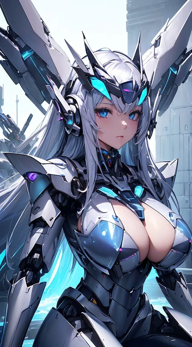 (Sit with one knee on the machine:1.6)、(Full body description:1.3)、((Shining lenses on both breasts:1.3))、((Blue pillars of light are emanating from both chests.:1.3))、smile、((8K)), ((32k)), ((Highest quality)), ((masterpiece)), ((超A high resolution)), ((Tmasterpiece)), ((Halation:1.4))、((Mechaニカルheadgear:1.2))、((Cyber Headphones:1.3))、Fine skin, High quality fabric, Fine metal texture、((Beautiful and dense face))、RAW Photos、Professional, Ultra-fine painting, ((alone)), Beautiful breasts、Highest quality, Very detailed, Very detailed詳細, Finer details, so beautiful, ((Princess Knight Robot:1.2)), (Joints of machines, Mechanical Limbs:1.3), (The internal structure of the machine is exposed:1.3), (Long silver hair:1.1), (Beautiful and huge mechanical breasts)、White Veil, cowboy_shot, Side Focus, headgear, Shiny、(Five Fingers, Four fingers and thumb),Concept Art, Anime fantasy artwork, Detailed fantasy art, (with pale blue-violet hair and large white wings,,,,,,,), (((Long silver hair))), (Mecha:1.6)、Sleek and intimidating design, ((Commander-in-Chief'arm)), (Perfect robot body)、純白と青紫armまたは, Symmetrical wings, 8K high quality, detailed art, 3D rendering of character art in 8K, neat legs, Defined, Defined fingers,