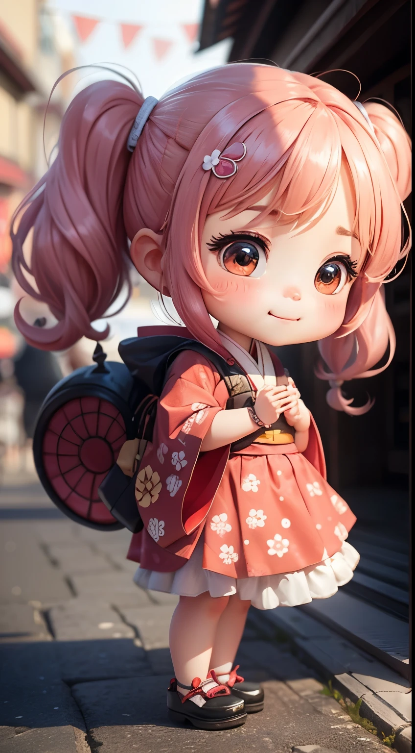 Small cute red and white creature with only two legs,big eyes,bagpack,scarf,side view,Ghibli style