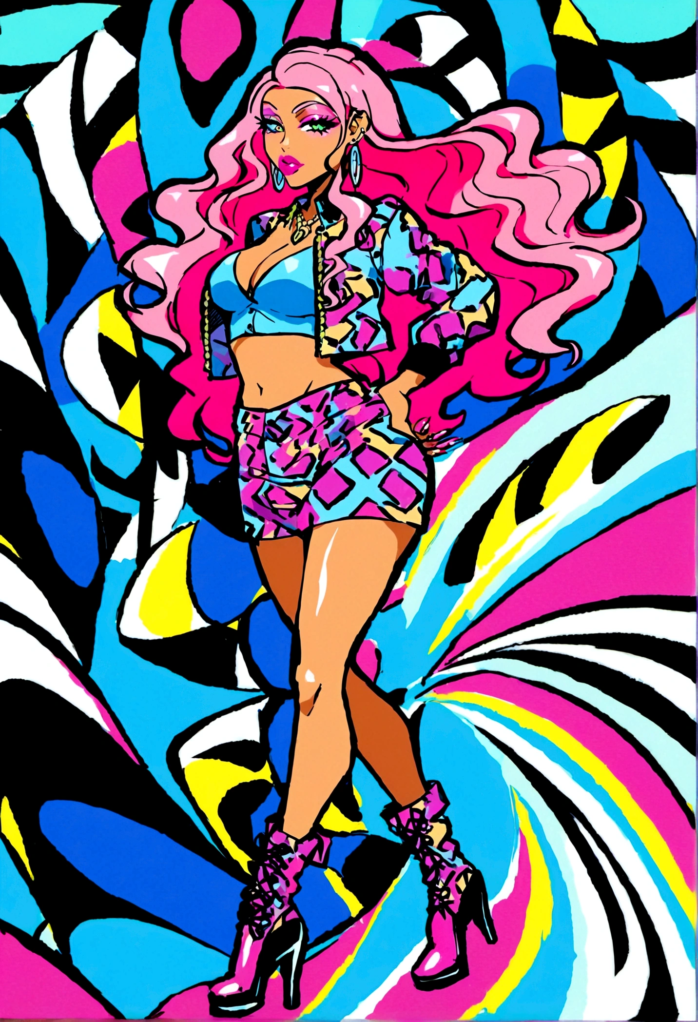 tall,slim,tanned skin,bright pink hair styled in loose waves,bold makeup including glittery eyeshadow and glossy lipstickflamboyant gyaru fashion,bright colors,bold patterns,cropped jacket,high-heeled boots