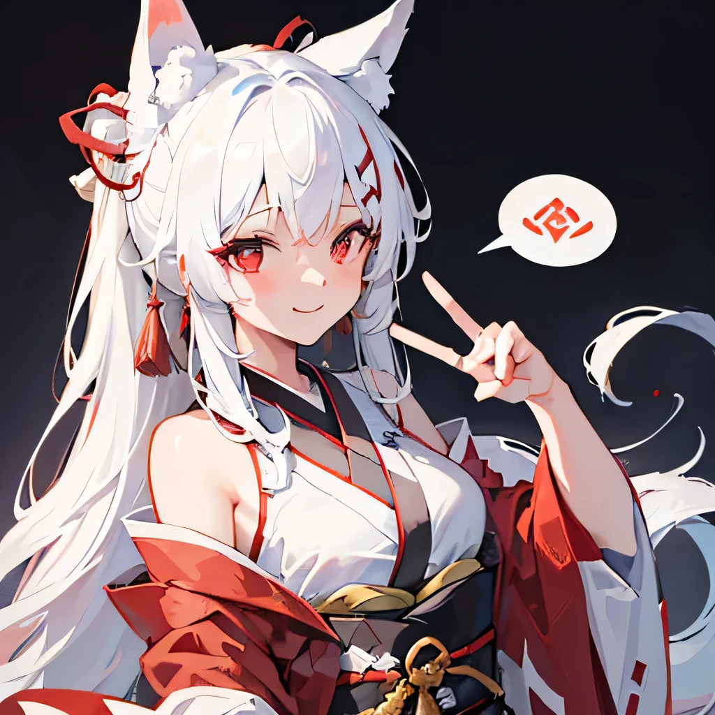 Masterpiece, high quality, (big Speech bubble:1.5), one girl, wolf ears, (red eyes:1.4), beautiful eyes, cute love face, cute smile, long white hair ponytail, (perfectly detailed eyes:1.3), (red kimono), (white kimono), dynamic angles, complex details, (big breasts), ( Feminine:1.4), (Beautiful:1.4), (Charming:1.3), Perfect hands, (Peace sign).