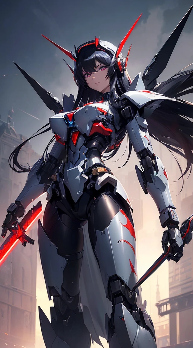 ((Shining lenses on both breasts:1.3))、((Pillars of red light radiate from both chests..:1.3))、((Attack pose:1.6))、((He has a red sword and a long rifle:1.6))、((Battle Scenes:1.8))、((8K)), ((32k)), ((Highest quality)), ((masterpiece)), ((超A high resolution)), ((Tmasterpiece)), ((Halation:1.4))、((Mechaニカルheadgear:1.2))、((Cyber Headphones:1.3))Fine skin, High quality fabric, High-quality metal texture、((Beautiful and dense face))、RAW Photos、Professional, Ultra-fine painting, ((alone)), Beautiful breasts、Highest quality, Very detailed, Very detailed詳細, Finer details, so beautiful, ((Black Knight Robot:1.2)), (Joint of the machine, Mechanical Limbs:1.3), (The internal structure of the machine is exposed:1.3), (Long black hair:1.1), (Beautiful and huge mechanical breasts)、White Veil, cowboy_shot, Side Focus, headgear, Shiny、(Five Fingers, Four fingers and thumb),Concept Art, Anime fantasy artwork, Detailed fantasy art, (Has light blue-purple hair and black wings,,,,,,), (((Long black hair))), (Mecha:1.6)、Sleek and intimidating design, (Jet black perfect robot body)、Jet black and reddish purple arms, Symmetrical wings, 8K High Resolution, Detailed Art, 3D rendering of character art in 8K, neat legs, Defined, Defined fingers,((headshot:1.6))
