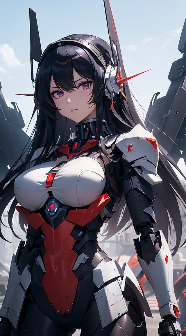 ((Shining lenses on both breasts:1.3))、((Pillars of red light radiate from both chests..:1.3))、((Attack pose:1.6))、((He has a red sword and a long rifle:1.6))、((Battle Scenes:1.8))、((8K)), ((32k)), ((Highest quality)), ((masterpiece)), ((超A high resolution)), ((Tmasterpiece)), ((Halation:1.4))、((Mechaニカルheadgear:1.2))、((Cyber Headphones:1.3))Fine skin, High quality fabric, High-quality metal texture、((Beautiful and dense face))、RAW Photos、Professional, Ultra-fine painting, ((alone)), Beautiful breasts、Highest quality, Very detailed, Very detailed詳細, Finer details, so beautiful, ((Black Knight Robot:1.2)),  (Joint of the machine, Mechanical Limbs:1.3), (The internal structure of the machine is exposed:1.3), (Long black hair:1.1), (Beautiful and huge mechanical breasts)、White Veil, cowboy_shot, Side Focus, headgear, Shiny、(Five Fingers, Four fingers and thumb),Concept Art, Anime fantasy artwork, Detailed fantasy art, (Has light blue-purple hair and black wings,,,,,,), (((Long black hair))), (Mecha:1.6)、Sleek and intimidating design,  (Jet black perfect robot body)、Jet black and reddish purple arms, Symmetrical wings, 8K High Resolution, Detailed Art, 3D rendering of character art in 8K, neat legs, Defined, Defined fingers,((headshot:1.6))