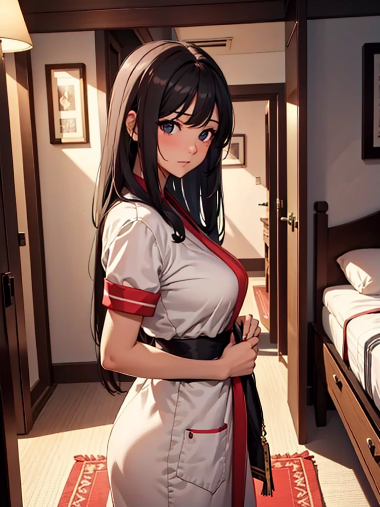 (masterpiece、top-quality、hight resolution、Unity 8k Wallpaper、extremely details CG:1), A detailed illustration of a scene inside a hotel room. A call girl, who has just been recognized by a customer who is an acquaintance, is depicted in a seductive manner, trying to ask the customer to keep her secret. She has a mix of desperation and allure in her expression, using her charm to beg for discretion. The perspective is from the customer's point of view, capturing the intense and awkward moment. nsfw, nakorurums
