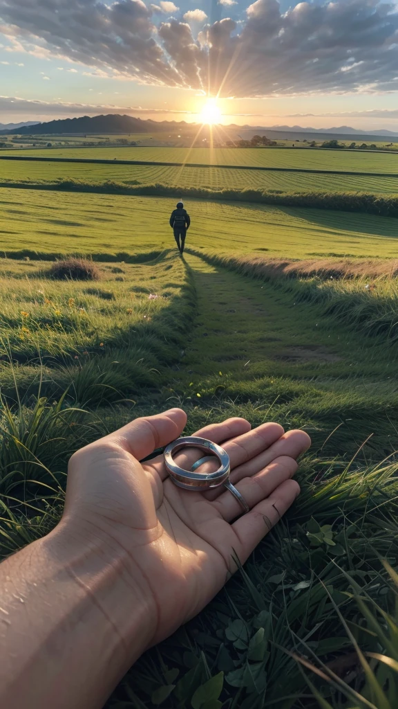 I want a broken handcuff lying on a green field, and far ahead a man walking, and a sun shining in front of you on the horizon
