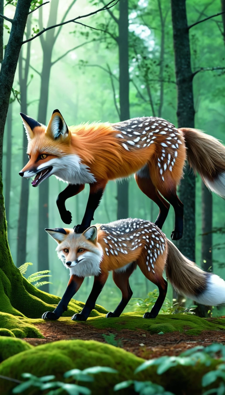 Panorama，A wild beast in the forest，Looks like a fox and has nine tails，Mysterious Creatures, shrike, (best quality，4K，8K，High level，masterpiece：1.2），Ultra Detailed，（lifelike，Photo real，Photo real：1.37），Highly detailed animals，Complex patterns，Realistic lighting，Fantasy Creatures