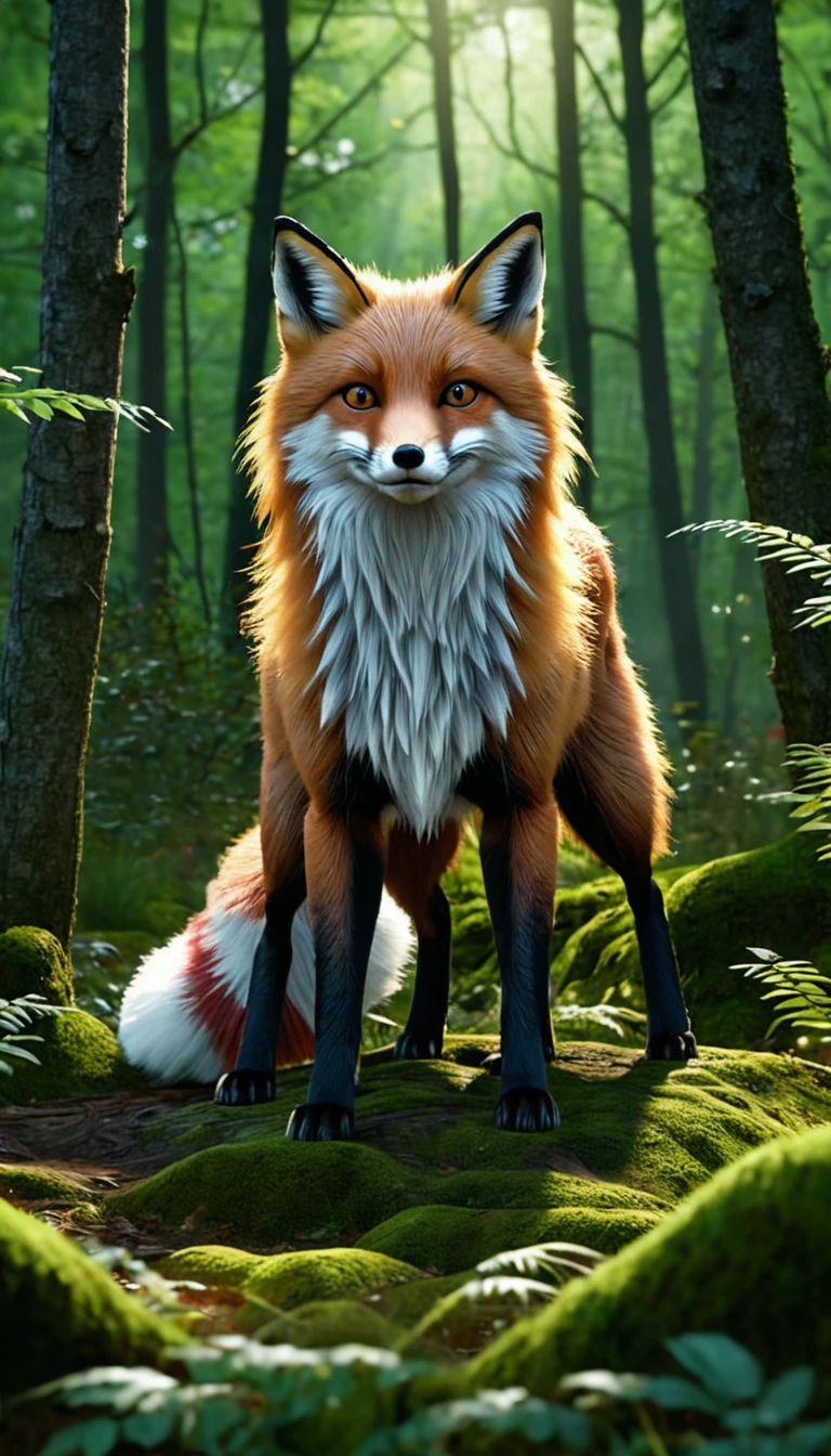 Panorama,A wild beast in the forest,Looks like a fox and has nine tails,Mysterious Creatures, shrike, (best quality,4K,8K,High level,masterpiece:1.2),Ultra Detailed,(lifelike,Photo real,Photo real:1.37),Highly detailed animals,Complex patterns,Realistic lighting,Fantasy Creatures
