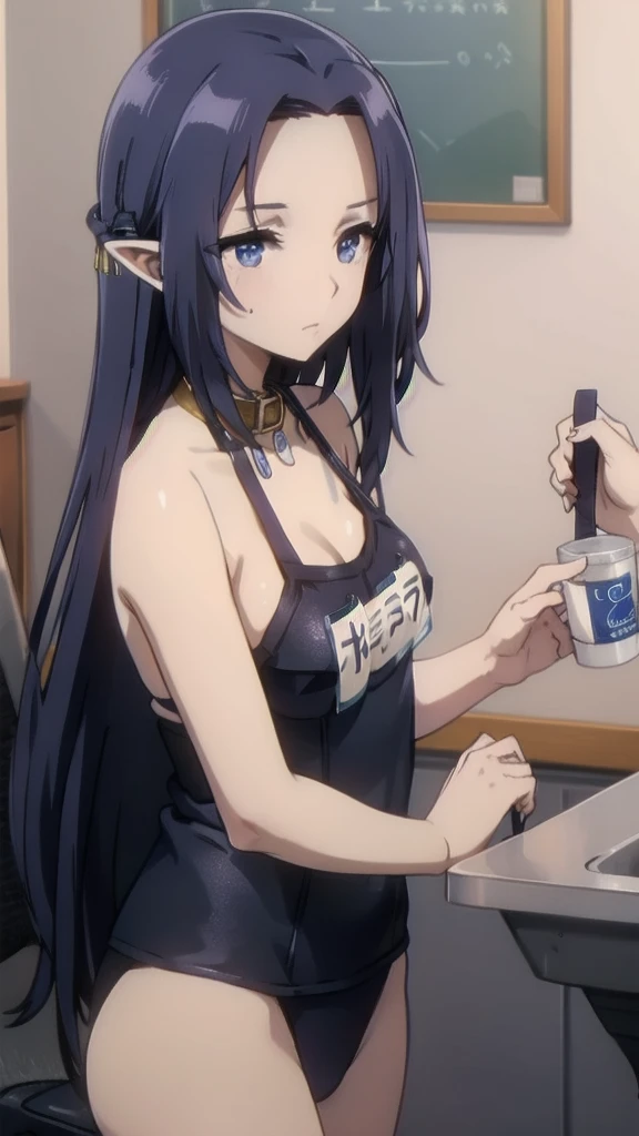 dark blue hair,,long hair,blue eyes,pointy ears,elf,school swimsuit,collar,leash