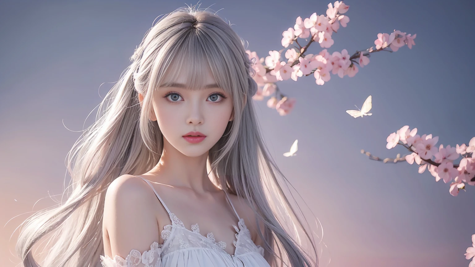 1 girl，《Beautiful eyes detailed description》《Beautiful and delicate face》《Wearing white》《Pink Eyes》《Cross Bangs》《Standing》《gray hair flying》》（（（（Pink Eyes）））），（（（（Pink Eyes）））），（（（Beautiful fairy）））（《《Detailed description of the whole body》》），《《《Stunning Beauty》》》