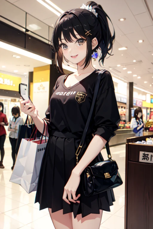 Black Hair、Iris、Short Hair、Ponytail、Girl、cute、16 years old、Your clothes are stylish、Wearing black pantyhose、Happy smile、、Small breasts、The background is a shopping mall、Small hair ornament、