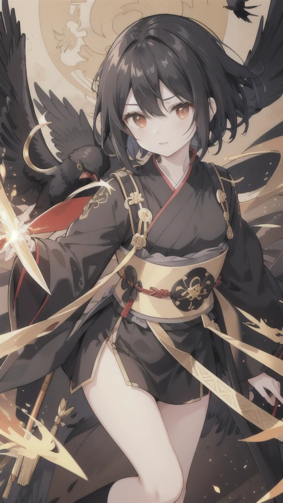 short black hair,Golden pupils,Black Hanfu and armor,black long knife,crows flying in the air,black stockings