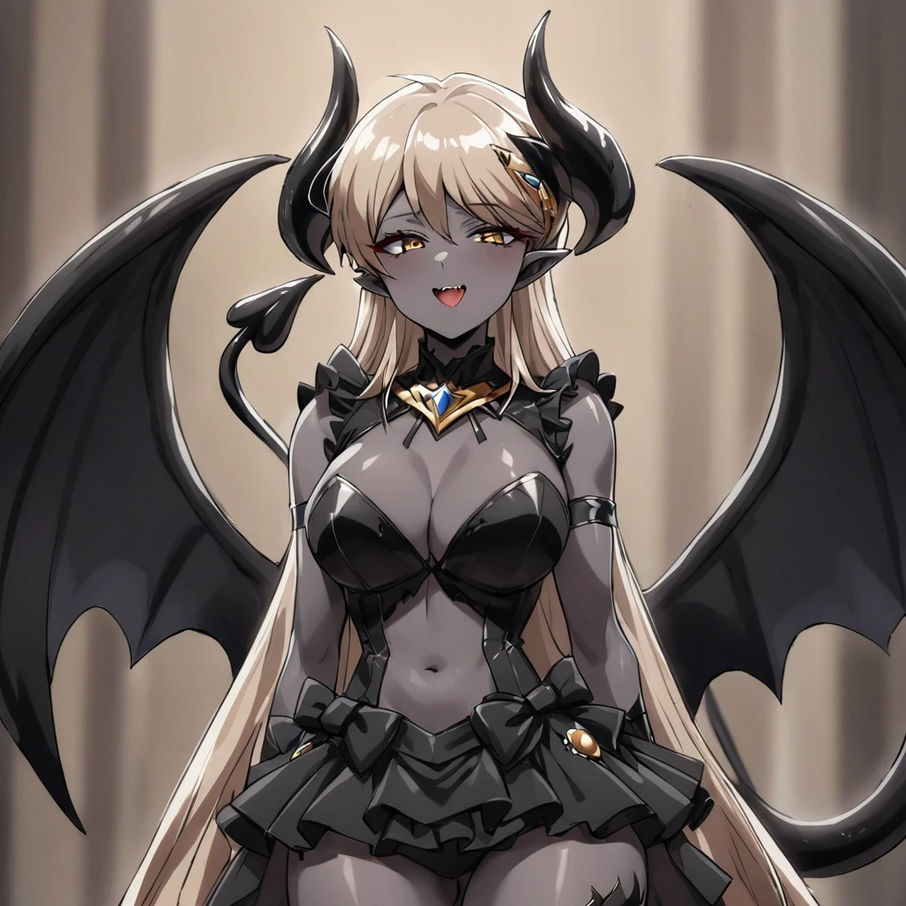 ((Highest quality)), ((masterpiece)), (detailed), (Perfect Face)、The woman is a y devil with jet black skin、The woman is a jet-black female demon posing with the seductive gestures of an attractive idol, looking happily into the camera with the expression of a kind, pure idol. She has magnificent devil horns, jet-black devil wings, and a jet-black tail. Her skin is jet-black, she is wearing a black miniskirt and a frilly black idol costume, she is the jet-black demon Princess Leona, she has medium-long light brown hair, she is a demon in both body and mind, and she has the expression of a maiden in love.、The woman is the wife of a dignified and powerful demon king, her beloved husband.