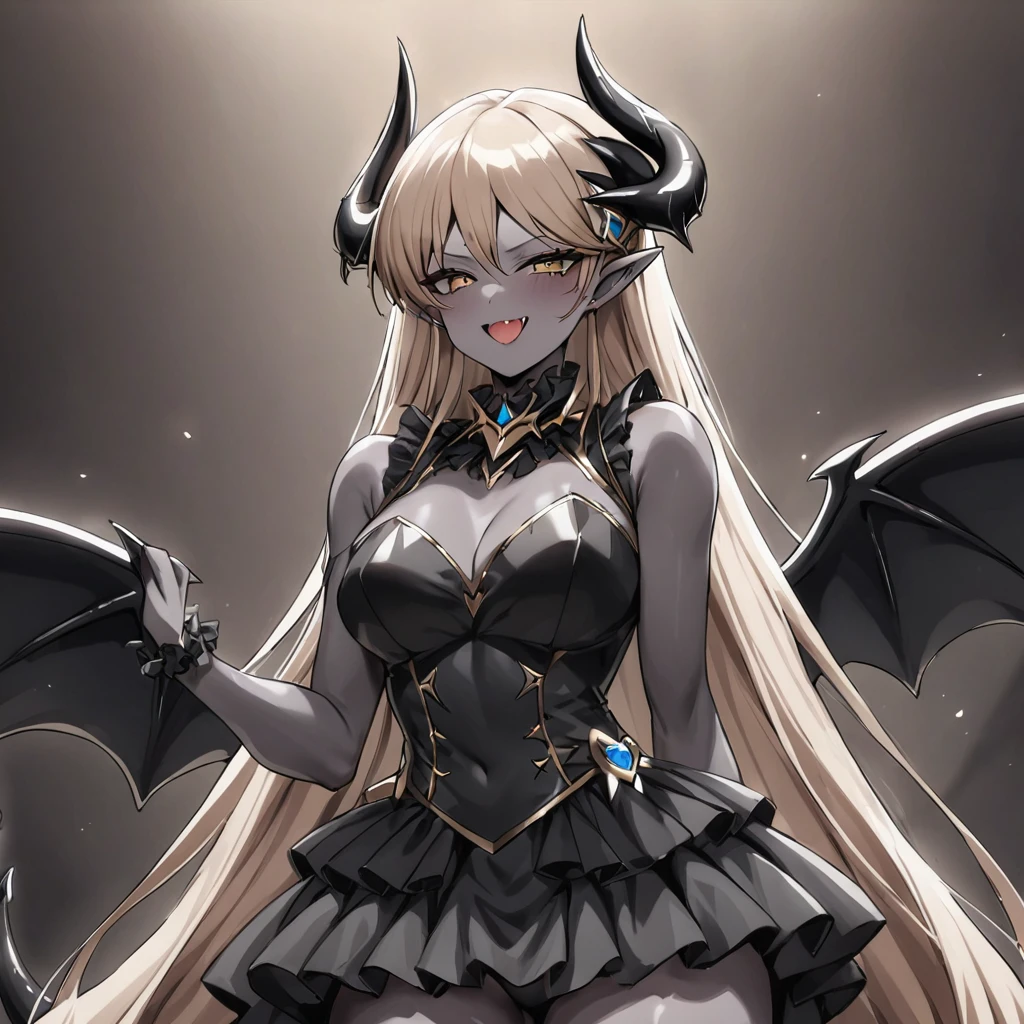 ((Highest quality)), ((masterpiece)), (detailed), (Perfect Face)、The woman is a sexy devil with jet black skin、The woman is a jet-black female demon posing with the seductive gestures of an attractive idol, looking happily into the camera with the expression of a kind, pure idol. She has magnificent devil horns, jet-black devil wings, and a jet-black tail. Her skin is jet-black, she is wearing a black miniskirt and a frilly black idol costume, she is the jet-black demon Princess Leona, she has medium-long light brown hair, she is a demon in both body and mind, and she has the expression of a maiden in love.、The woman is the wife of a dignified and powerful demon king, her beloved husband.