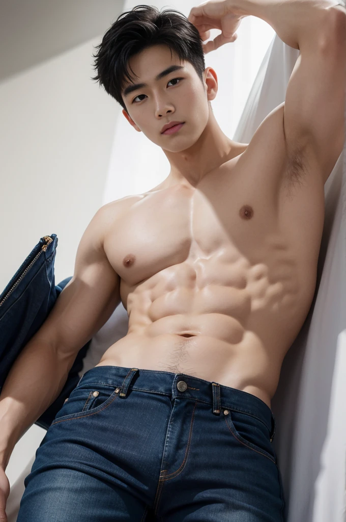 young korean man , 1 boy, white skin , Fine skin, 1 boy, ((realistic)), abdomen, good light quality, muscle veins, ((Pale skin)), football player, (Masterpiece, Special quality, high resolution, 8K, complicated:1.2), (detailed face:1.2), handsome, , Embossed, 1 boy,alone, look at viewer, Balancing the eyes, (((from below))), , (Make eye contact), , shirtless, With super tight navy blue jeans., big Embossed