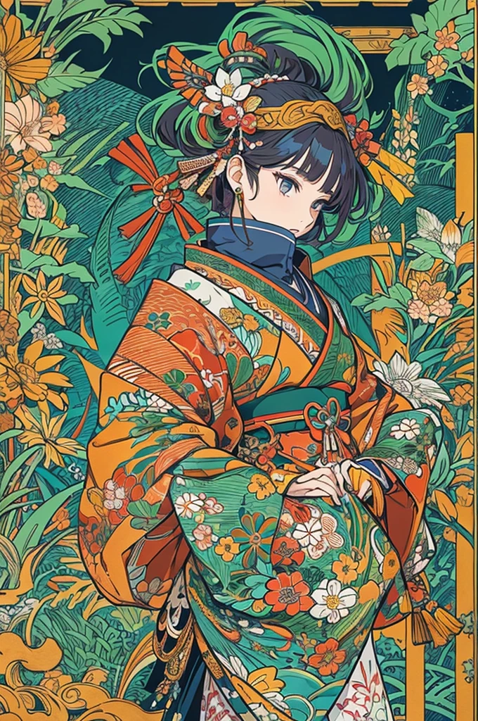 flat color,ukiyoe-style,(best quality, masterpiece, ultra high-resolution, ultra-detailed: 1.2),A vibrant and colorful illustration of an anime-style female samurai character with darkblue wavy-short hair, tween,holding her sword in front of her face. She is wearing traditional Japanese adorned with floral patterns, a backdrop filled with colorful patterns representing ancient symbols and floral motifs. The background is richly detailed with geometric shapes that add depth to their figure's presence., creating a whimsical atmosphere. The background features bold colors and intricate designs that add to the overall visual appeal. This artwork showcases vivid hues, intricate details on both attire and armor, capturing movement as she walks forward in the style of intricate details on both attire and armor, capturing movement as she walks forward.