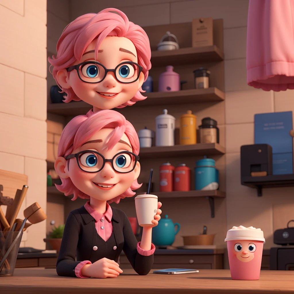 doll with pink skin and big bright blue eyes, short hair with pink color, wearing black-rimmed glasses with a friendly smile, holding a cup of coffee