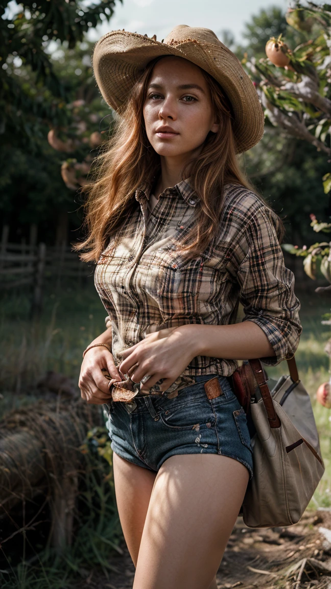 Masterpiece, Of the highest quality, Colorful cinematic lighting, peach farmer portrait photography with overflow [Orange|yellow] Hair, With fitted red plaid flannel shirt, Daisy Dukes, embellished leather cowboy boots, (wearing cowboy hat), (Perfect face:1.1), standing under a peach tree in rolling pastures, Sunset in the background, dappled light, romantic, HDR, Very detailed, Hasselblad, 8k, Hyper realistic, shot at eye level, F1.4 opening, 8mm film grain, Cinestill 800
