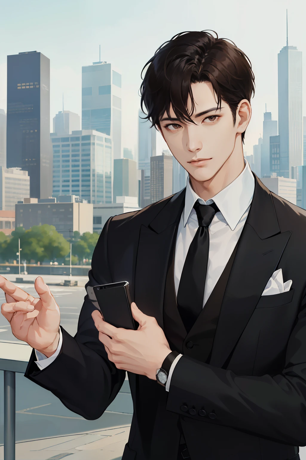 (Absurd, expensive正確性, Very detailed, Genuine, ), 1 male, single, , mature, expensive, good looking, Very short hair, Black Hair, Brown eyes, Square jaw, Thick neck, أسلوب Genuine, City background view, Formal suit, tie, Upper Body