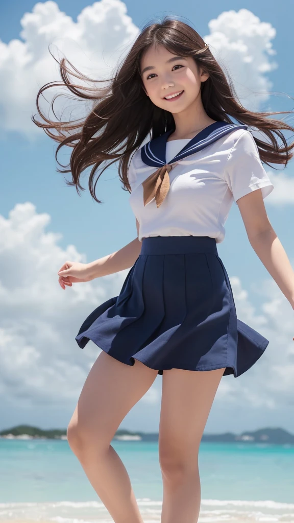1girl,(((Okinawa ocean)))、(((White sand beaches in Okinawa)))、(((Just join your hands and pray)))、(((Mysterious look)))、8k UHD、Digital single-lens reflex camera、High resolution、Shallow depth of field、Natural light、(((Sailor suit)))、(((navy blue super mini skirt)))、(((A sparkling, charming smile)))、(((Full body photography)) )、Small person、(((Young face)))、1 Japanese female、12 years old;beautiful girl、(Black Hair)、A strong wind blows up my skirt、(((Brown eyes)))、Glowing Skin、Smooth Thinning Hair、Long Hair、Detailed background、Detailed eyes and face、Clear Eyes、Cute smile、Calm atmosphere、(((stage)))、(((Small breasts)))、(((Beautiful Eyes)))、Flat chest、Children、(((Toned thighs))) 、(((Angle from below) ))、(((Fine lips)))、(((Skirt fluttering)))、Shining beautiful legs、( Skirt fluttering violently in the strong wind :1.4), (hair blowing in the strong wind:1.4), (leaning forward)、barefoot、barefoot、((((A skirt flipped up by a strong wind))))