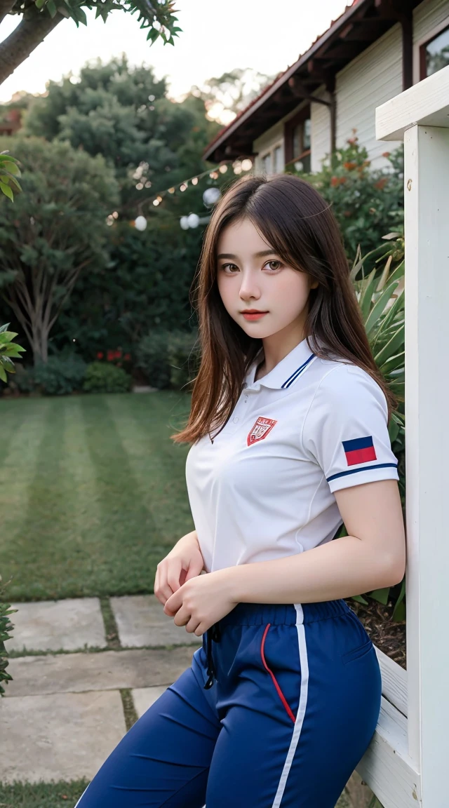 Gorgeus Girl, Beautiful, , 20 Years Old, White Skin, Beside, Sexy Pose, wearing red Soccer uniforms, Blue Eye, Bokeh, front yard of the house Background, Masterpiece, Fullbody Shot, long pants,
