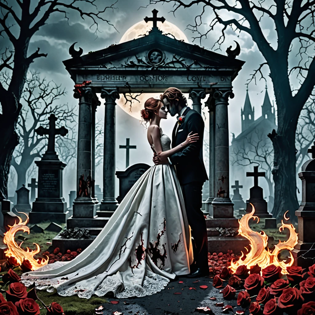((Primanter in maximum resolution of 16K, with the cartoon horror style inspired by Tim Burton, emphasizing a dynamic 3D perspective)). | A couple of zombie corpsed grooms are hugging in the middle of a gloomy and haunted cemetery, surrounded by a heart silhouette of translucent and transparent flames. The scene consists of clay, tombs, tombstones, a mausoleum with mosses, thorns, branches and roses, all with vivid and clean colors. The dramatic luminosity and high contrast create a chilling and engaging atmosphere. | The scenery includes details such as low fog, elongated shadows, twisted trees and crows perched on tombstones in the foreground, with a cloudy sky and a full moon in the background, bringing a sense of desolation and mystery. | Three-dimensional composition and in Dutch angle, adding a surreal touch to the scene. | The cinematographic lighting, with elements of brightness and soft lighting, highlights the details of the characters and the scenario. The effects of ray tracing and volumetric lighting accentuate depth and contrast, creating a sense of space and immersion. | The texture of the bride and groom's clothes, the decomposed skin and the empty eyes are portrayed with precision and intricate detail, while the silhouette of flames around them shines in a supernatural way. | The scene shows a moment of macabre love in a scary and beautiful environment, with the zombie bride and groom expressing a mixture of tenderness and despair. | The camera is positioned very close to them, revealing their entire bodies as they assume a dynamic-pose, interacting with and leaning against a structure in the scene in an exciting way. | (((They take a dynamic-pose as they interact, boldly leaning on a structure, leaning back in an exciting way))). | ((((full body image)))), ((perfect pose, perfect anatomy, perfect body)), ((better hands, perfect fingers, perfect legs, perfect hands)), ((perfect composition, perfect design, perfect layout, perfect detail))