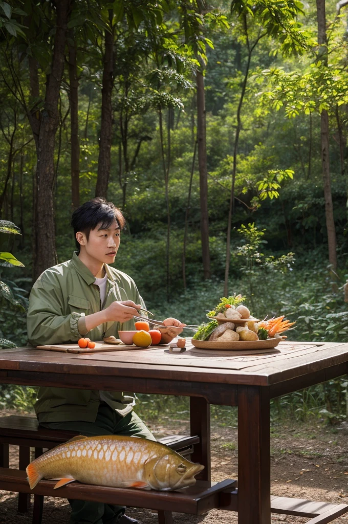 In the forest,A Chinese man,Wearing outdoor clothing,Sitting at the table, looking sideways into the distance, thoughtfully。Chicken, fish, and several dishes of vegetables were placed on the table.,Realistic style,HD,Beautiful light,Masterpieces of Photography