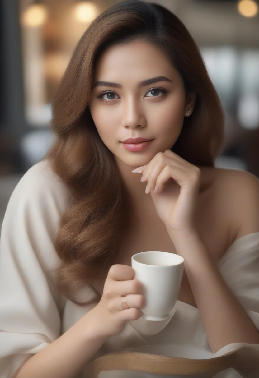 (8k, best quality, masterpiece:1,2), (realistic, photo-realistic:1,37), top quality, masterpiece, a beautiful woman, want to drink coffee, a coffee cup, elegant style. Indonesian women's style, clean white skin, beautiful eyes, medium hair, wears a watch