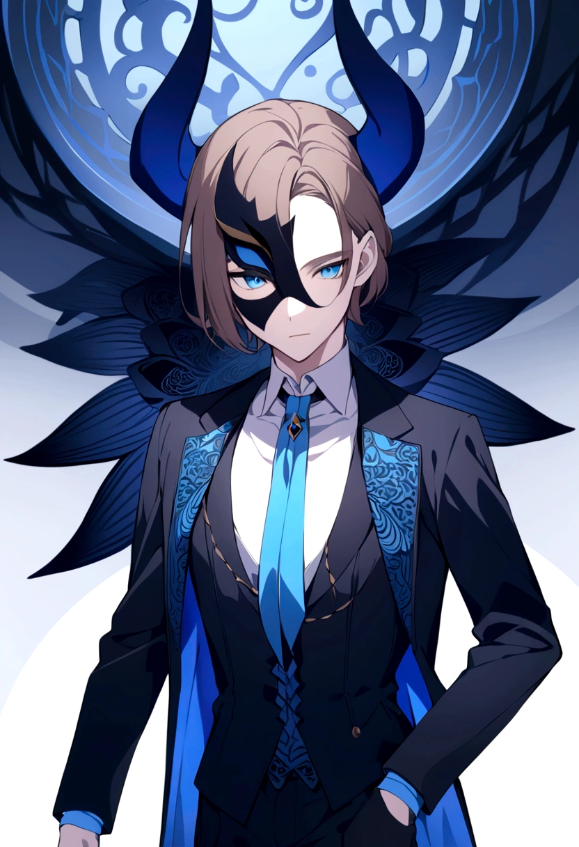 (man in half mask on the left side )(blue color)(blue eyes) brown hair)(blue horns)(Dressed in black)(Short haired)