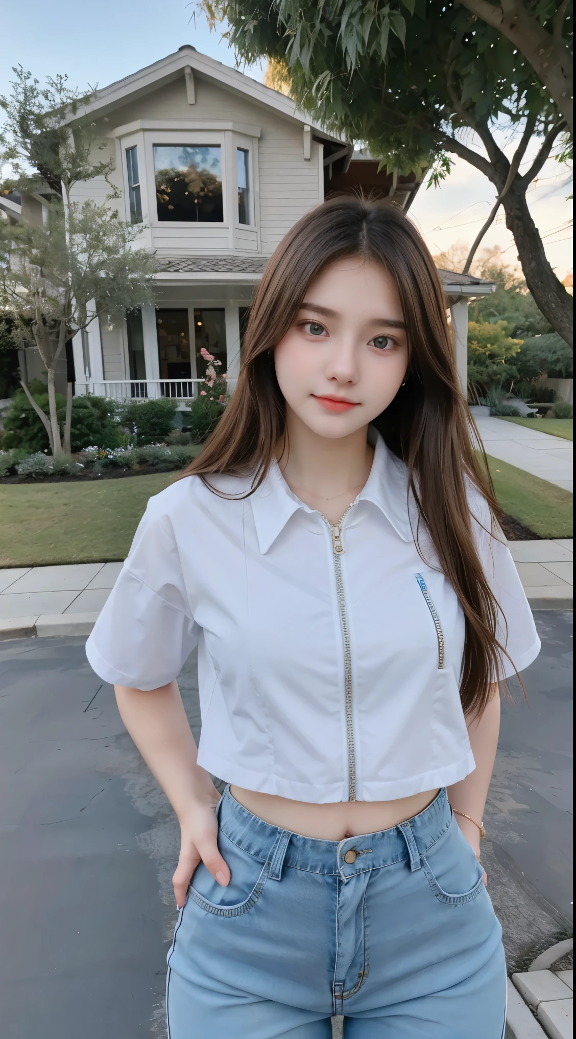 Gorgeus Girl, Beautiful, Baby Face, 20 Years Old, White Skin, Beside, Sexy Pose, wearing zipper shirt, Blue Eye, Bokeh, front yard of the house Background, Masterpiece, Fullbody Shot, long pants,