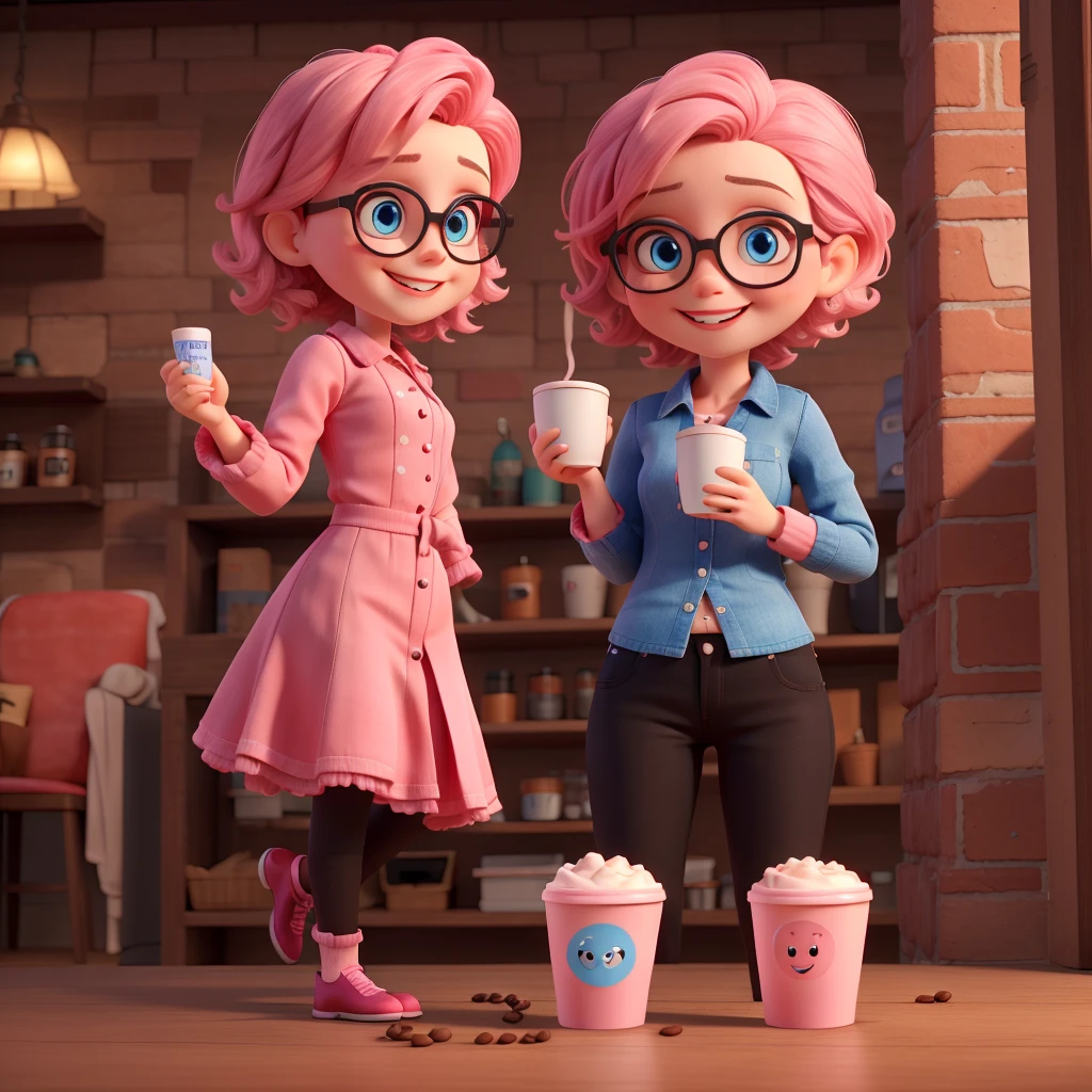 doll with pink skin and big bright blue eyes, short hair with pink color, wearing black-rimmed glasses with a friendly smile, holding a cup of coffee


