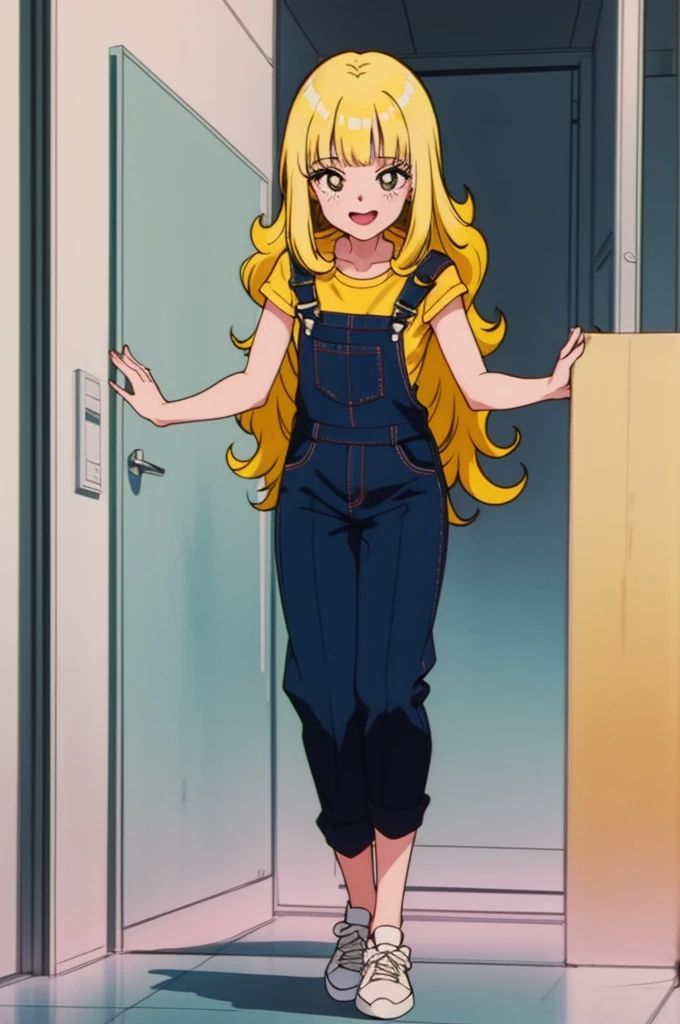 ((Anime Screen Capture:1.3))、Highest quality、masterpiece、((She is alone:1.3))、((1 Girl:1.3))、((She has curly hair:1.5))、((Perm:1.3))、((Her mouth is big、White teeth are visible:1.ur teeth are very beautiful:1.5))、(((She has her bangs down:1.8)))、(((Her bangs are straight:1.8)))、(((Yellow Hair:1.8)))、((black eye:1.8))、Detailed face、((She is wearing overalls over a white T-shirt、Smiling in overalls:1.5))、((Outside date))、((whole body:1.8))、((Gal))、((White sneakers))、((reflexes))