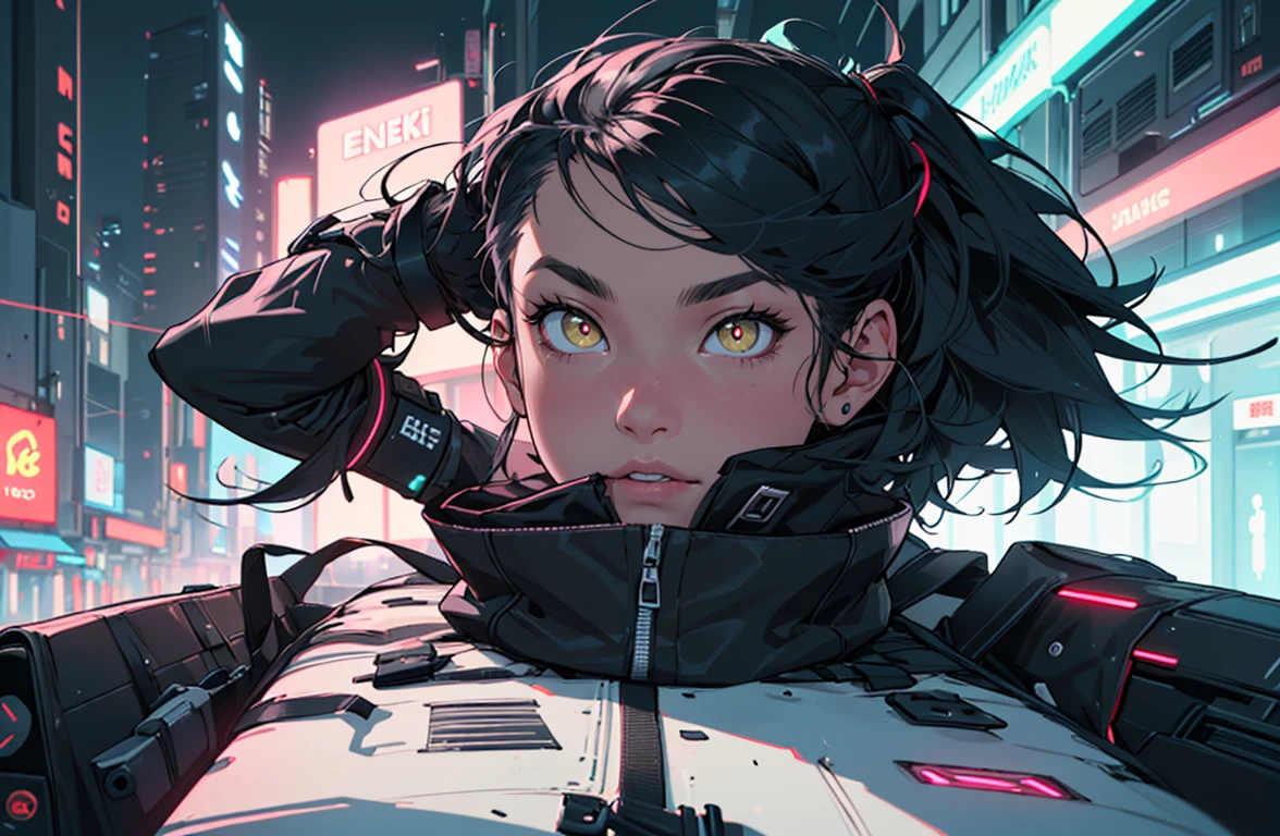   ((best qualityer)), ((work of art)), (detailded), ((game dev concept art)) ((Semi realism)) ((8k)) ((dark city)) ((dark sky)) Japanese girl, Black voluminous emo hair, eyes with yellow pupils, cyberpunk style, all-black clothes with red neons, Military Details + backpack  with neon lights, space police style. metal arm black color and carbon, bio mechanic, neon lights + blur background city, realistic + semi realistic face, better eyes  + perfect body. 