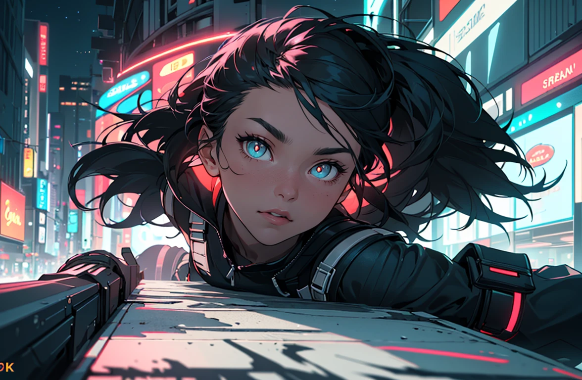 ((best qualityer)), ((work of art)), (detailded), ((game dev concept art)) ((Semi realism)) ((8k)) ((dark city)) ((dark sky)) Japanese girl, Black voluminous emo hair, eyes with yellow pupils, cyberpunk style, all-black clothes with red neons, Military Details + backpack with neon lights, space police style. metal arm black color and carbon, bio mechanic, neon lights + blur background city, realistic + semi realistic face, better eyes + perfect body.
