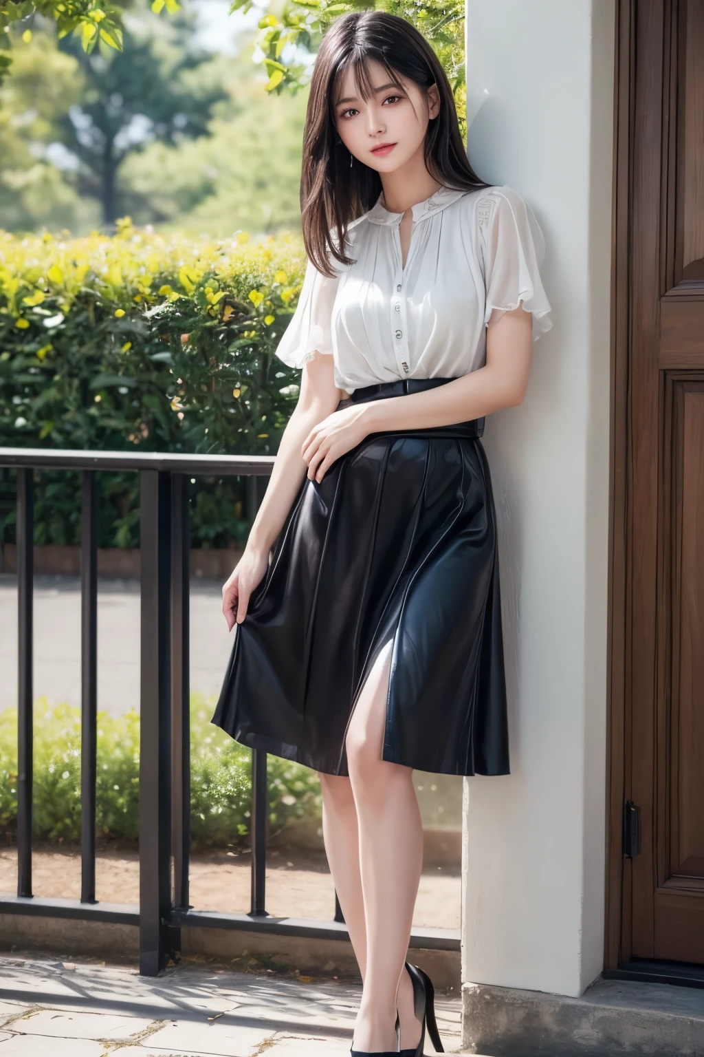 ((Best image quality、8K、masterpiece：1.3))、Realistic high-quality photos、Highest quality、Beautiful and graceful face and eyes、Black Hair、Shiny Hair、 OL、Wearing a short-sleeved blouse、Wear a long skirt、Full Body Shot.