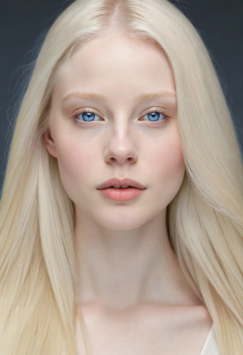 Extremely light albino woman, young, adult, neoteny, blue eyes, angelic face, fine features, thin nose, symmetrical face, small nose, perfect face, tenderness, smooth skin, perfect skin, very long light blonde hair,hyper realistic,centered front face, looking straight ahead,mouth shut