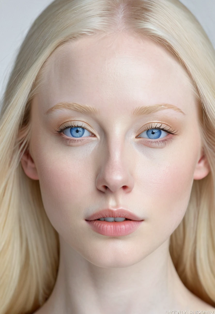 Extremely light albino woman, young, adult, neoteny, blue eyes, angelic face, fine features, thin nose, symmetrical face, small nose, perfect face, tenderness, smooth skin, perfect skin, very long light blonde hair,hyper realistic,centered front face, looking straight ahead,mouth shut