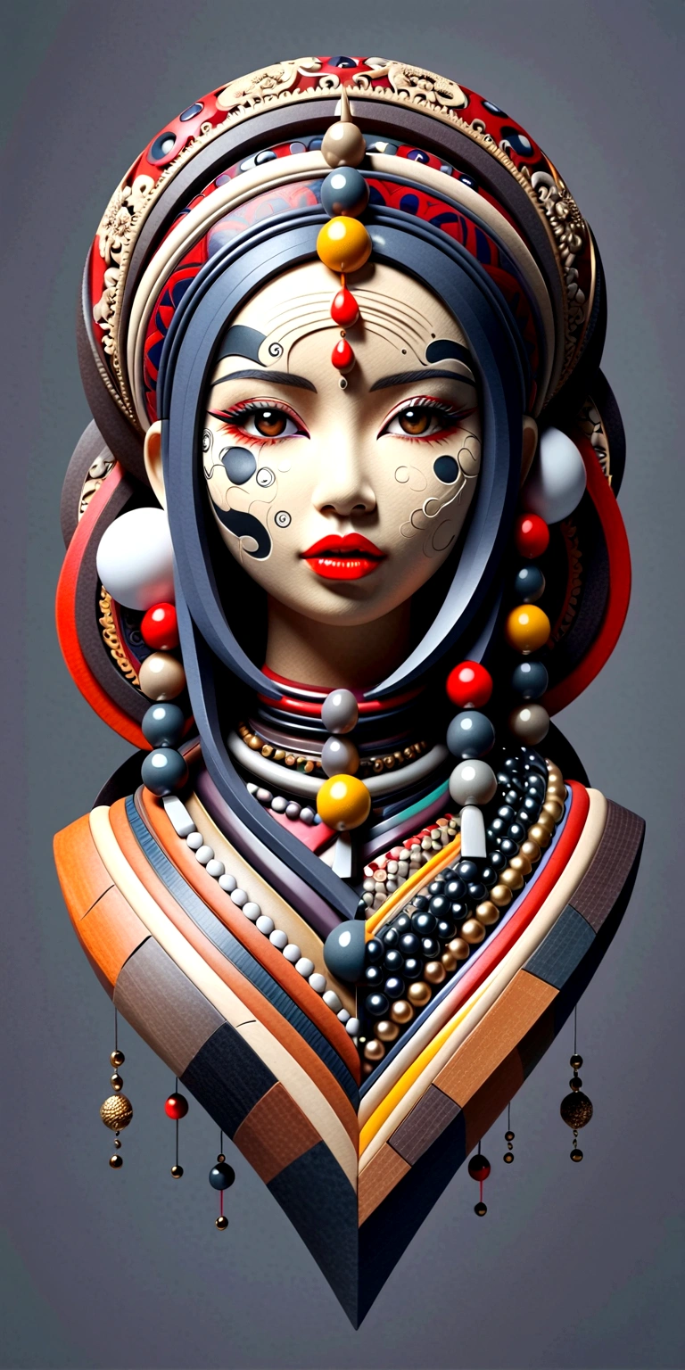 abstract sculpture(Beyond the truth) 3D,Young woman(Thai style)half body,abstract art,greatly exaggerated