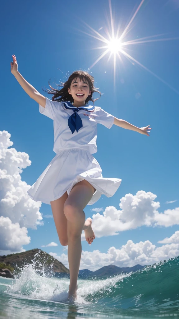 1girl,masterpiece, ;beautiful girl、8K quality, High definition, realistic pictures, professional writing, There is a woman jumping in the air from underwater to the sky., ((A pose that looks like dancing with the face facing upwards)), face upwards, dance in the air,artistic swimming, jump towards the viewer, jump towards viewer, she is floating in the air, jump into the air, jump on the audience, jump, jump with arms up, floating in the air, floating on the ground, Jump for joy, jump pose, horizontally jump!!!, wearing a sailor suit, high school girl,((Big wave crashing down)), ((Splashes of water splashing from the body)), Clear blue sky and white clouds, Sunlight flares