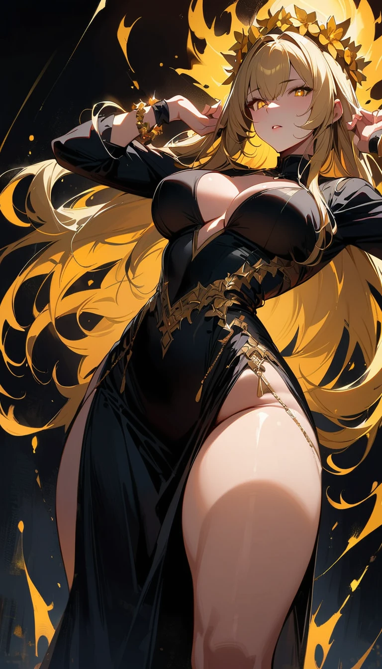 (high quality, 8k, 4K, high contrast, artwork:1.2, high quality, best aesthetics), (dynamic angle), ((1 woman)), erotic, sensual, mature body, super detailed, beautiful face detailed, beautiful eyes detailed, detailed beautiful mouth, sexy body, perfect breats, perfect wide thighs, (long straight blonde hair), (bright yellow pupils), (serious facial expression), (golden flower crown), (golden flower bracelet), (perfect detailed hands), (wearing a long black dress with long skirt, exposed thighs and long neckline with gold details), (aura of golden ring above the head split in the middle), (scenario of a place in empty space in yellow color), (standing), (centered), (looking at viewer), (powerful golden aura), (goddess)