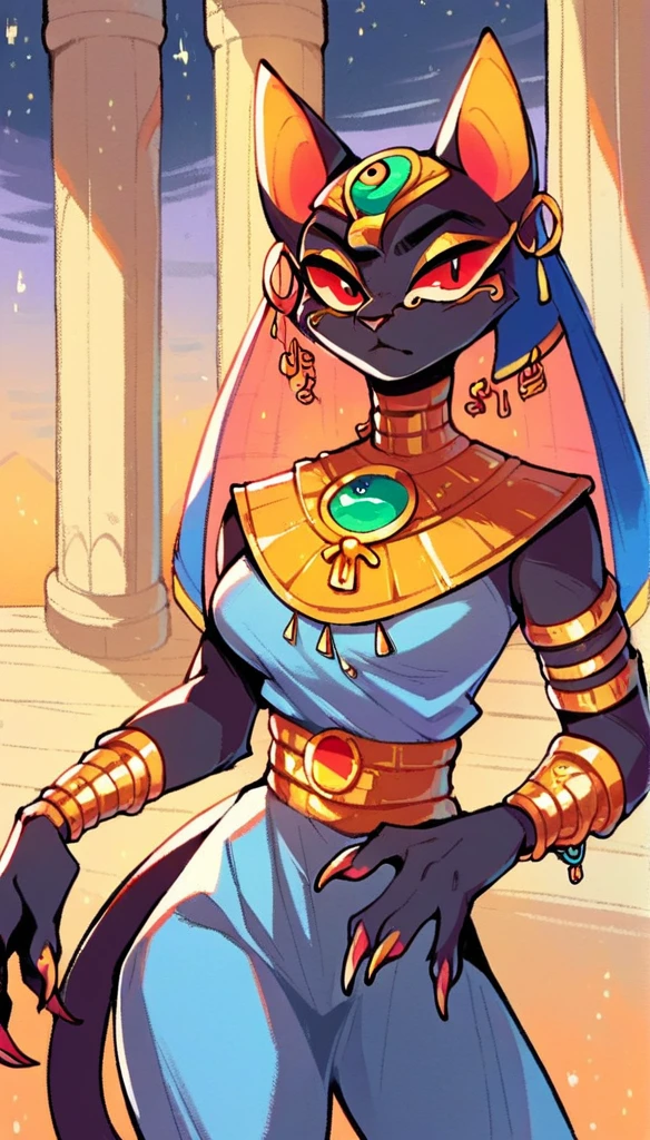 score_9, score_8_up, score_7_up, score_6_up, score_5_up, score_4_up, (thick lines:1.25), Egyptian-themed bedroom, Egypt,
anthro, (cat:1.2), goddess, female, onyx skin, red eyes, sharp claws, long nails, jewelry